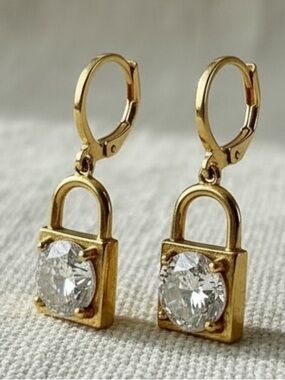 Gold Filled Padlock Drop Earrings with Clear Crystal Accent